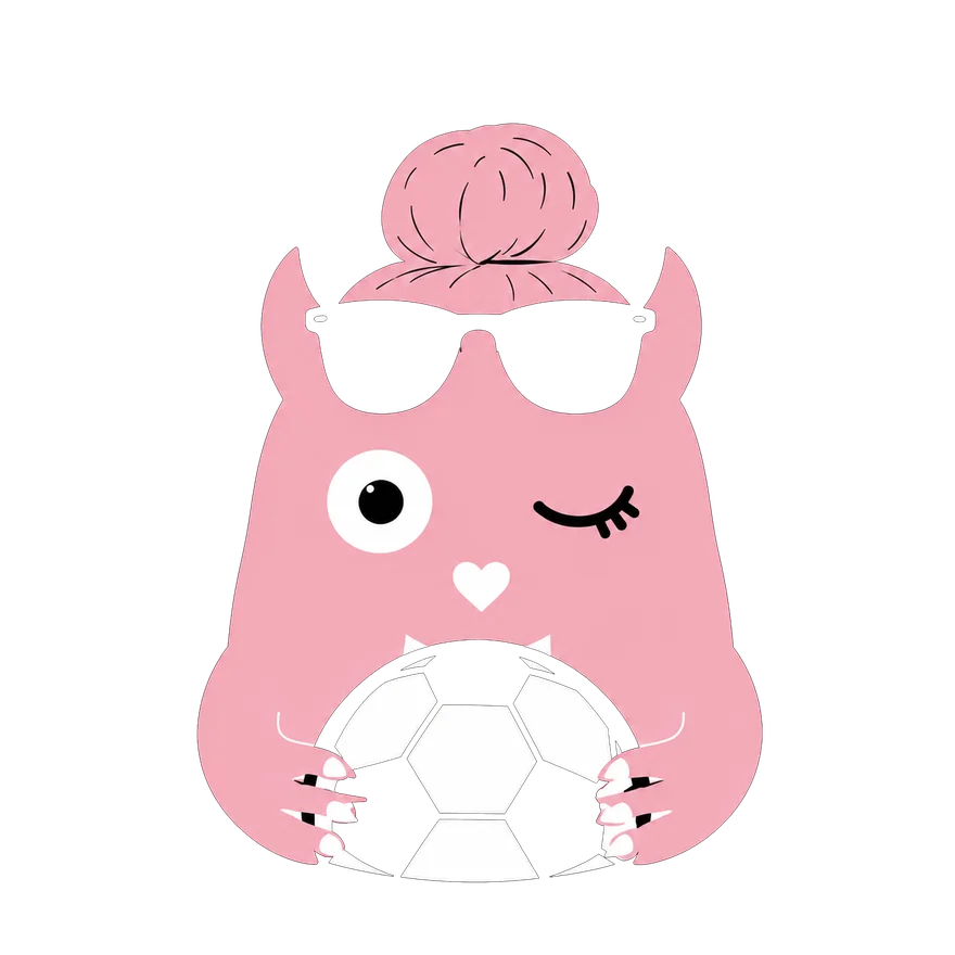 Soccer Momster mascot — soft pink mom-monster with sunglasses, mom bun, holding a soccer ball